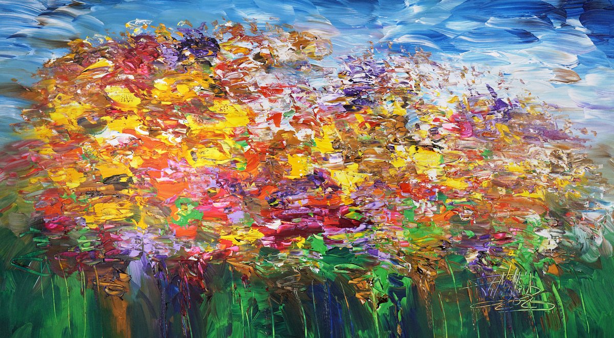 Abstract Acrylic Painting By Peter Nottrott, 61 X 33", Flowery Energy L 5, Original Artwork