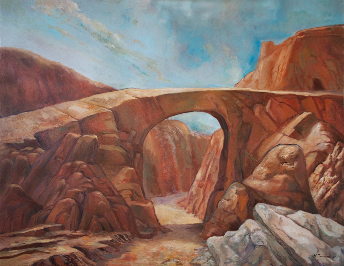 Impressionistic Landscape Oil Painting By Nikola Ivanovic, 35 X 28", The Canyon Crossing, Original Artwork