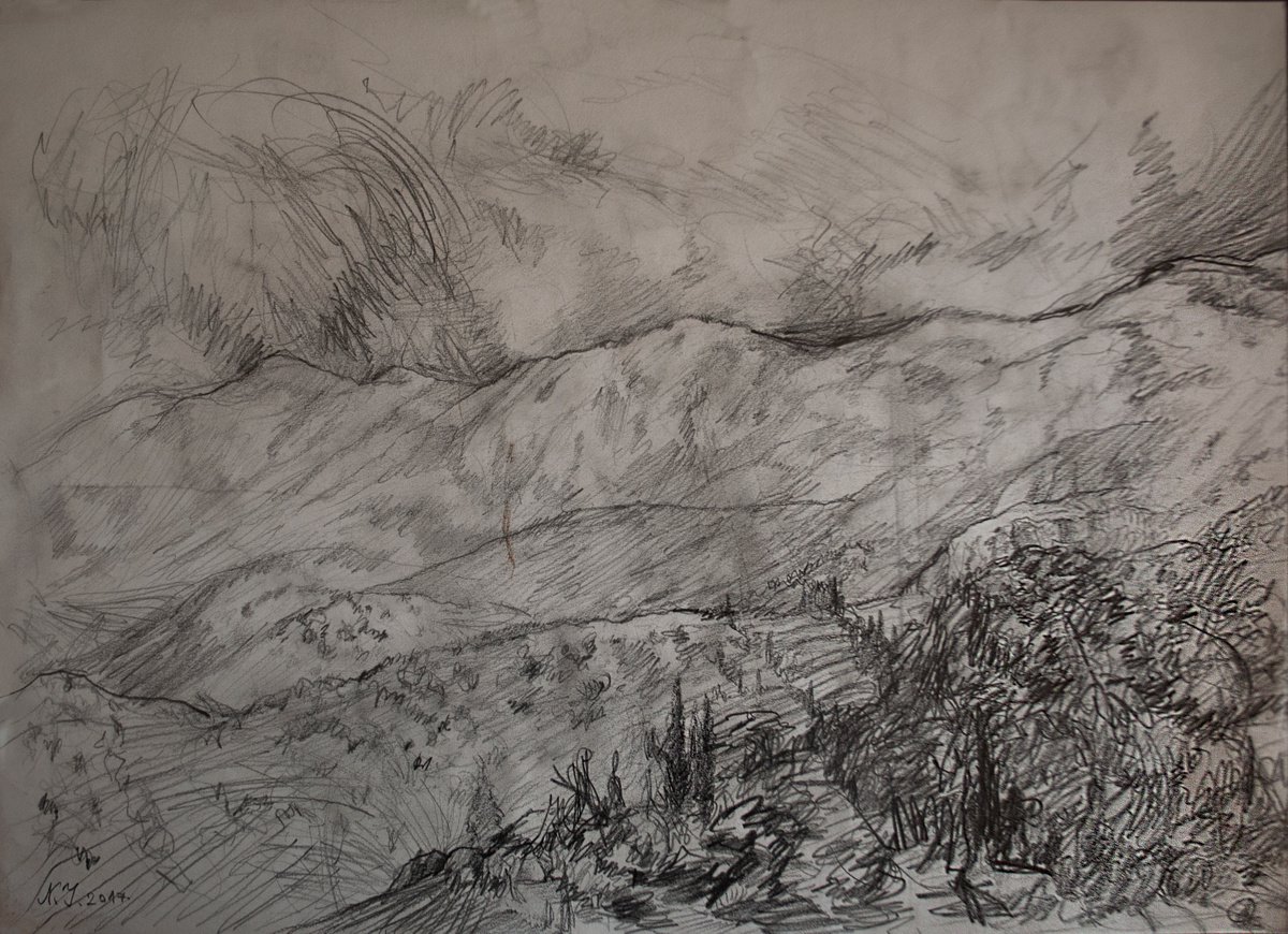 Pencil Drawing , Montenegrian Mountainside By Nikola Ivanovic, 16 X 12, Artwork For Sale On Artfinder