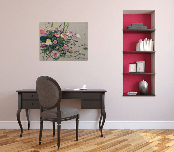 Peonies on linen canvas . 65x80 cm. Large Flowers a la prima . Original oil painting