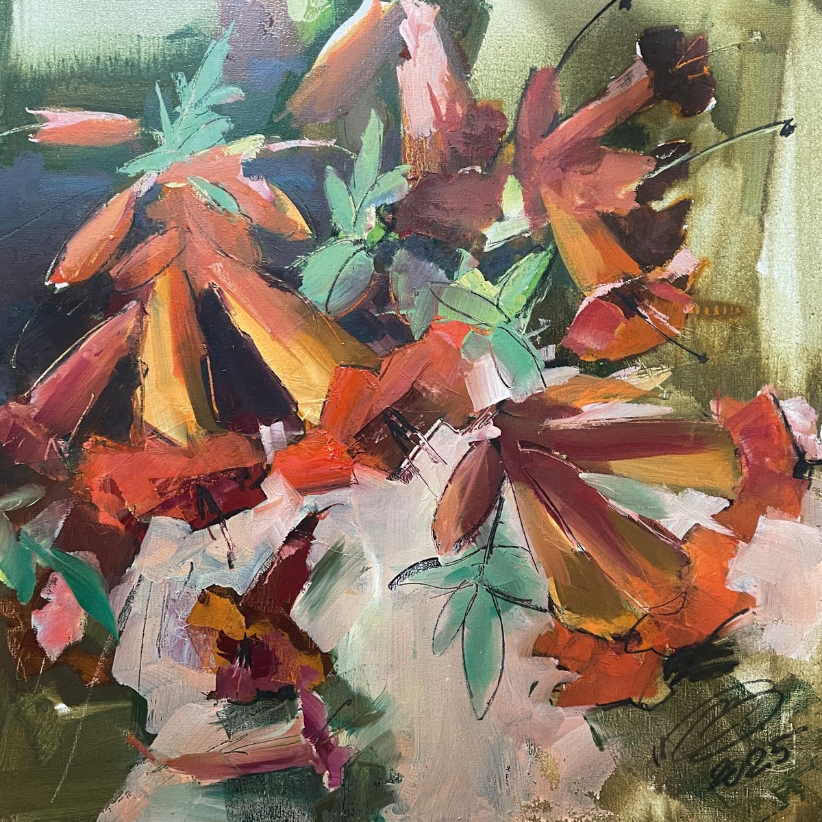 Expressive Botanical Oil Painting By Igor Yuryev, 28 X 28, Flowers, Original Artwork