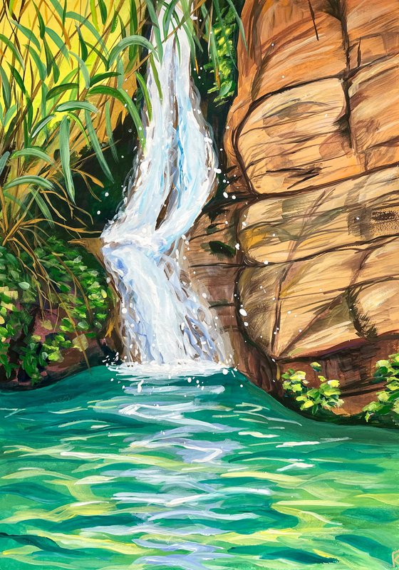 Waterfall Original Gouache Painting, Tropical Wall Art, Cyprus Artwork, Travel Gift, Green Home Decor