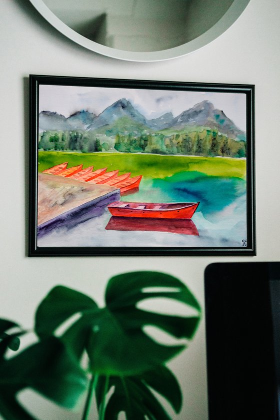 Mountains Painting, Boat on the Lake Original Watercolor Painting, Landscape Wall Art