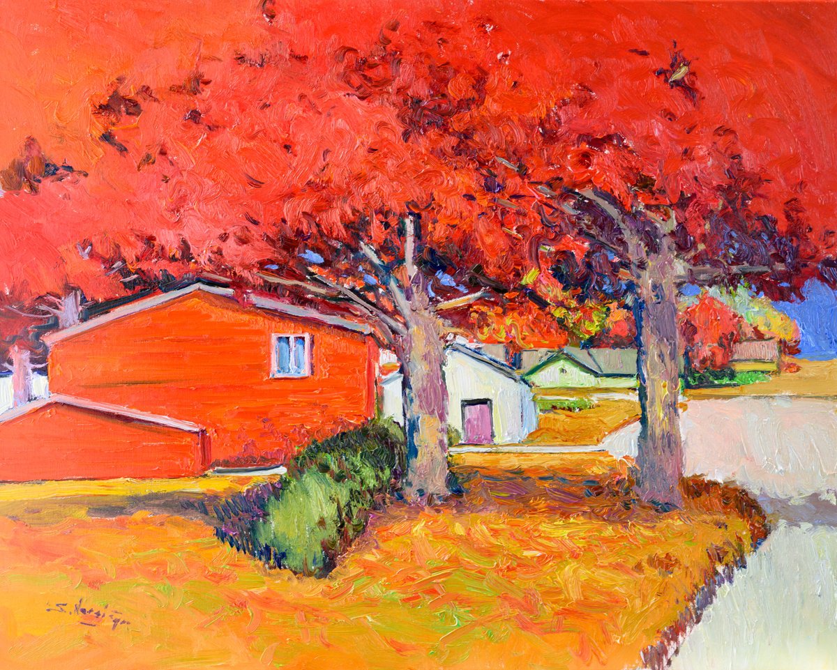 Expressive Landscape Oil Painting By Suren Nersisyan, 30 X 24", Autumn. Red Trees, Original Artwork