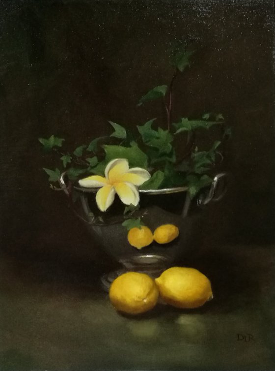 Still life with ivy, lemons and frangipani