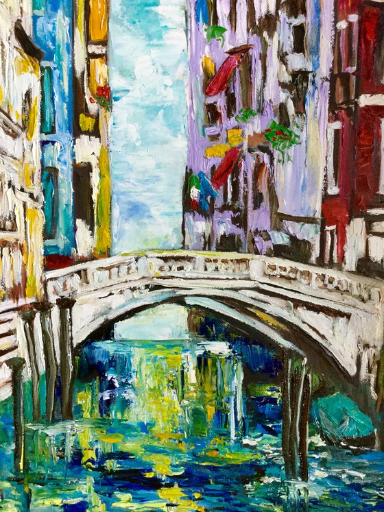 VENICE CANAL BRIDGE. PALETTE KNIFE OIL PAINTING. OFFICE URBAN WALL ART