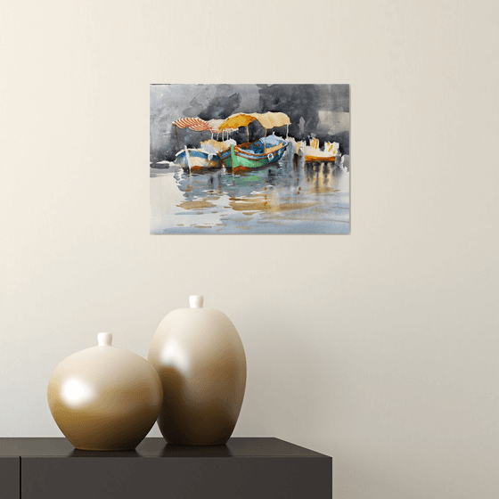 Pleasure boat watercolor painting