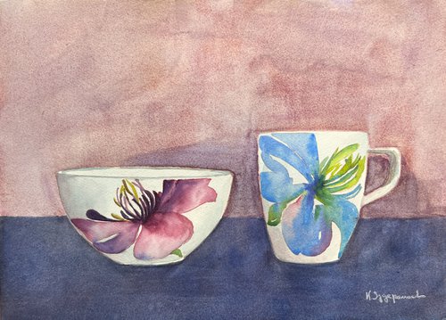 Still life with floral bowl and mug by Krystyna Szczepanowski