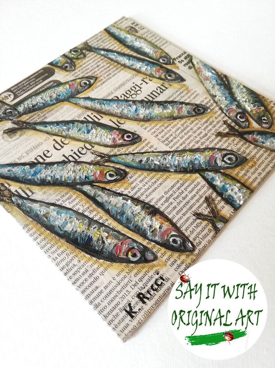 "Mixed Anchovies on Newspaper" Original Oil on Canvas Board Painting 8 by 8 inches (20x20 cm)