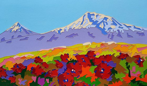 Poppy field of Mount Ararat - | 30x50cm, 2024, Modern, Original style |