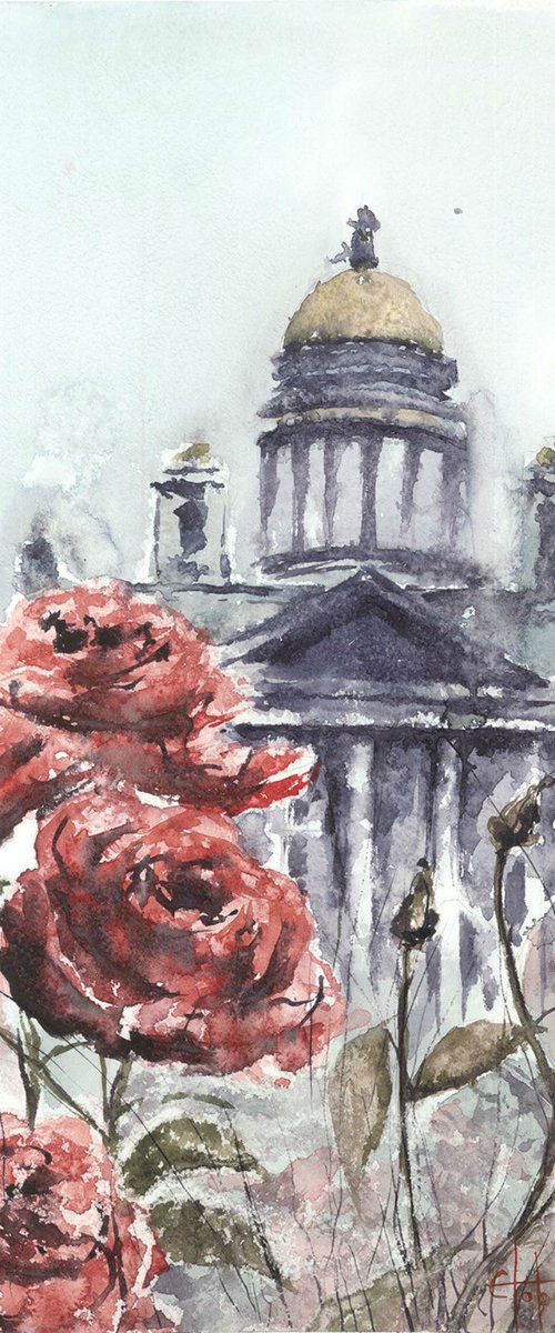 ST. ISAAC'S CATHEDRAL AND ROSES Watercolor painting 42*30cm by Eugene Gorbachenko