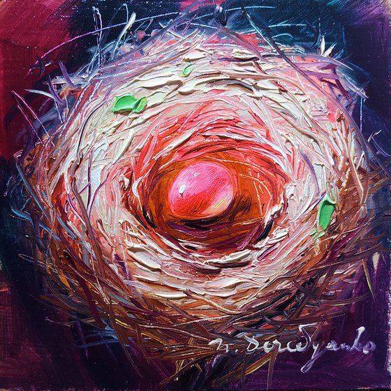 Bird nest painting original framed 4x4, Red ruby egg unique miniature oil painting small
