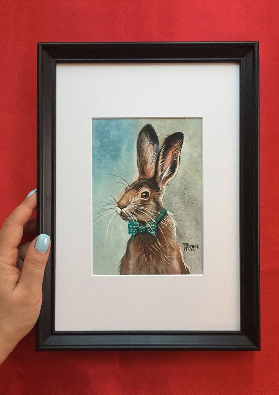 Hare in a bow tie. Mr rabbit. Christmas painting.