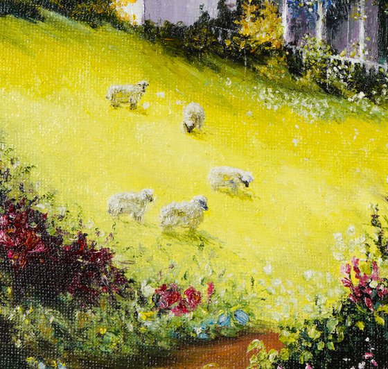 VILLAGE IN THE MOUNTAINS - Provincial views. Mountain village. Country style. Small houses in mountains. Green meadow. Flowers. Summer. Sheeps.