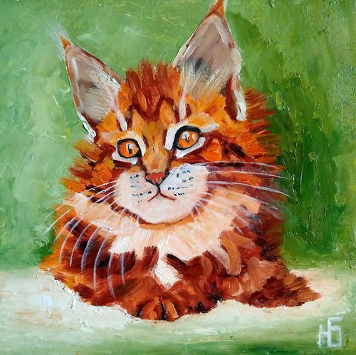 Ginger kitty, Cat Oil Painting Original Art Ginger Maine Coon Kitten Artwork Small Pet Portrait Wall Art by Yulia Berseneva