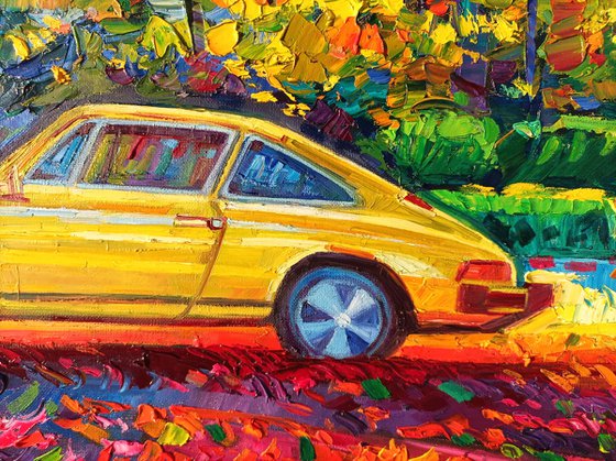 One Porsche in the fall forest