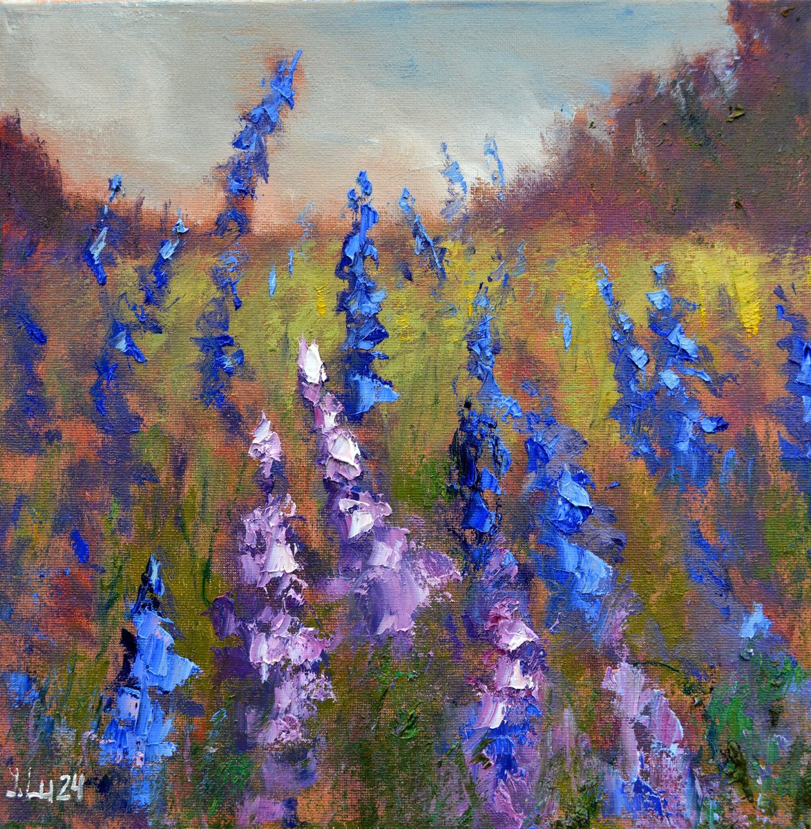 Impressionistic Landscape Oil Painting By Elena Lukina, 12 X 12, Field Of Lupines, Original Artwork