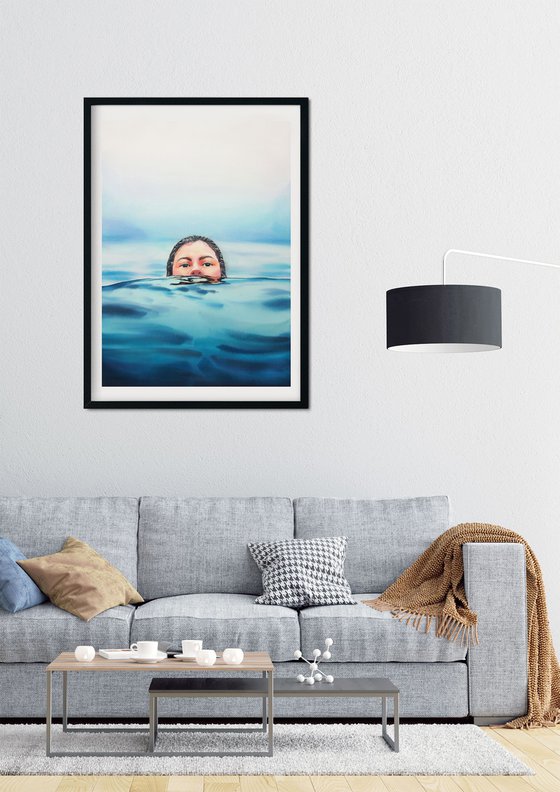 "Girl in the water" - watercolor painting realism, original gift, erotic girl, office decor, blue, home interior, wall painting