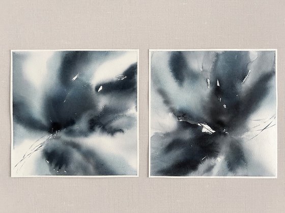 Blue abstract flowers diptych