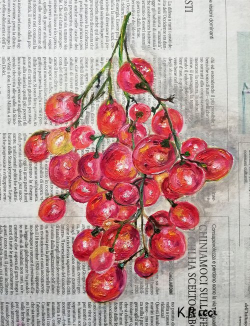 "Grapes on Newspaper " Original Oil on Canvas Board Painting 7 by 10 inches (18x24 cm) by Katia Ricci