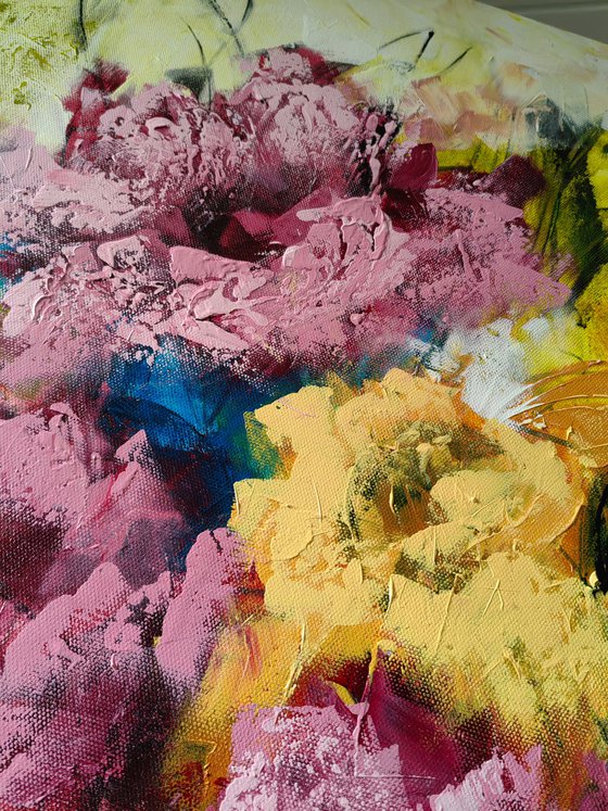 "Floral Fantasia" from "Colours of Summer" collection, XXL abstract flower painting