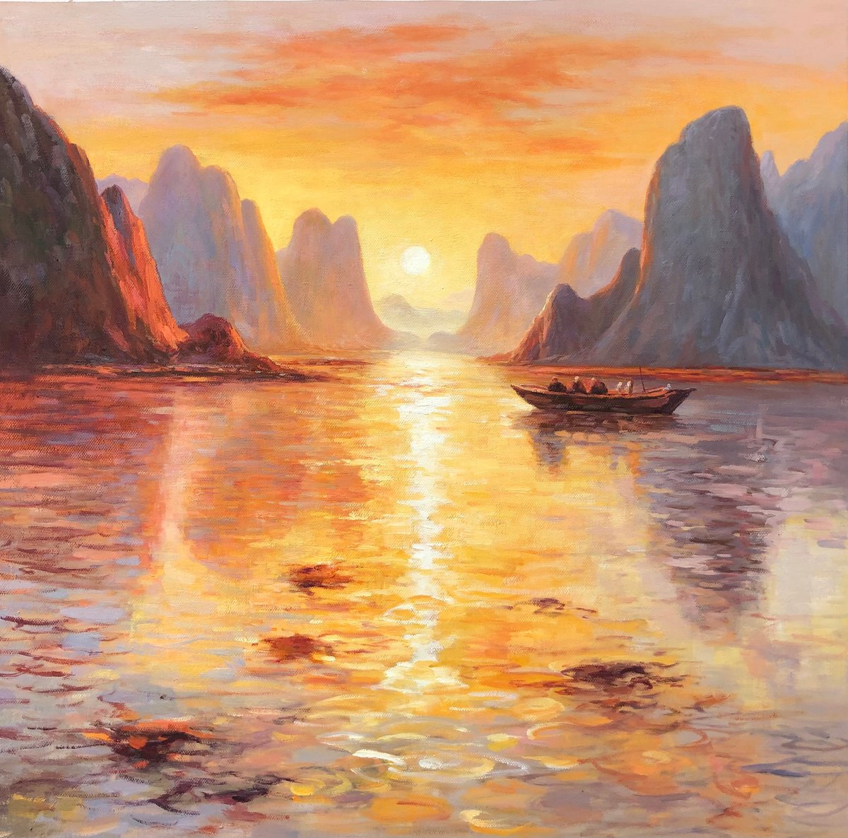Impressionistic Landscape Oil Painting By Jianzhe Chon, 39 X 39, Landscape Of Guilin Z025, Original Artwork