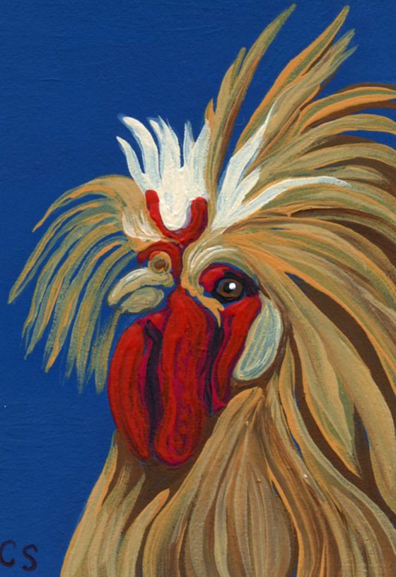 ACEO ATC Original Miniature Painting Fancy Blonde Chicken Farmyard Art-Carla Smale