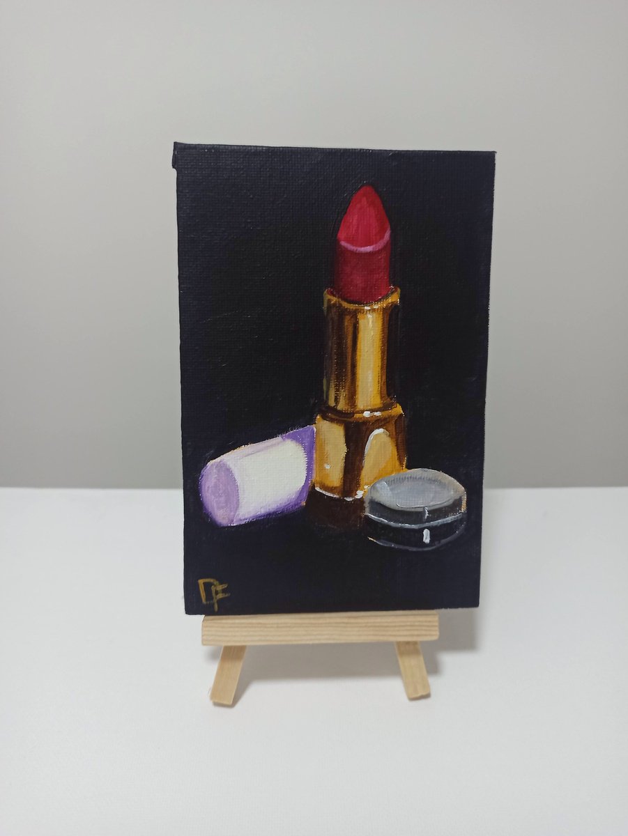 Impressionistic Still Life Acrylic Painting By Dmitry Fedorov, 4 X 6, Lipstick Still Life, Original Artwork