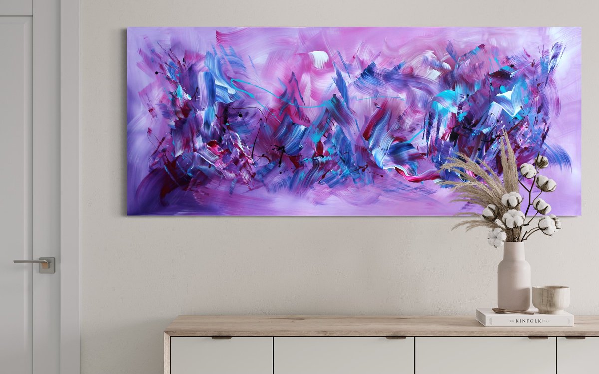 Expressive Abstract Acrylic Painting By Paresh Nrshinga Frsa, 72 X 30", Lilac Winds, Original Artwork