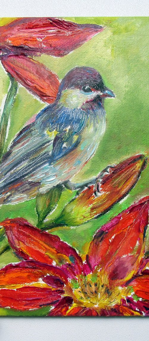 Robin Bird Painting on Canvas,Original 8x8 in Oil,Bird Art,Lily Red Blossom,Garden Miniature,Mother's Day Gift,Small Unframed Bird Picture by Katia Ricci