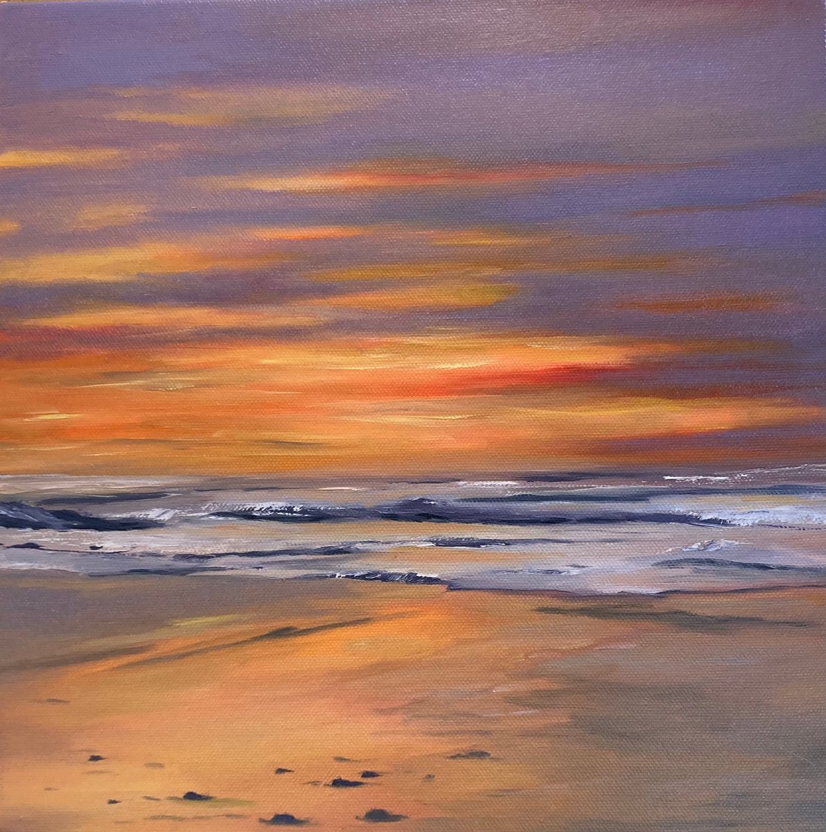 Impressionistic Landscape Oil Painting By Silvie Wright, 12 X 12", Sun Is Setting, Original Artwork
