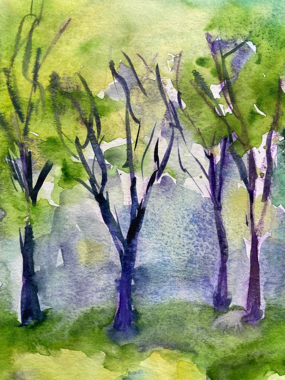 Tree Watercolor Painting Original, Green Forest Artwork, Bright Wall Art, Art Lover Gift