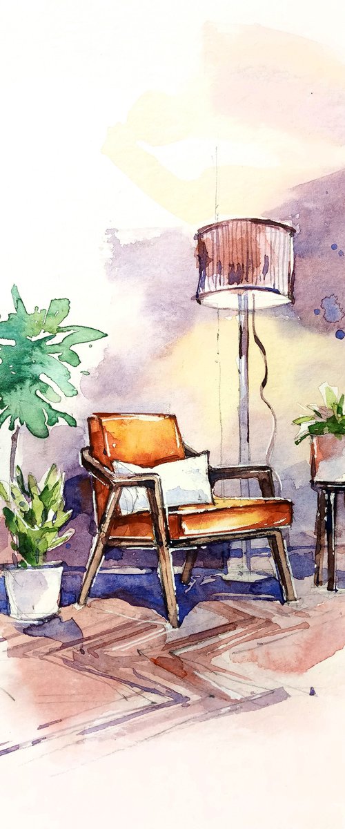 Original watercolor painting "A cozy armchair for reading books. A fragment of the interior" by Ksenia Selianko