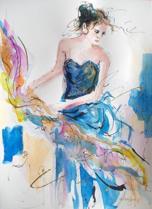 Blue Dress  ΙΙ-Figurative Watercolor on paper by Antigoni Tziora