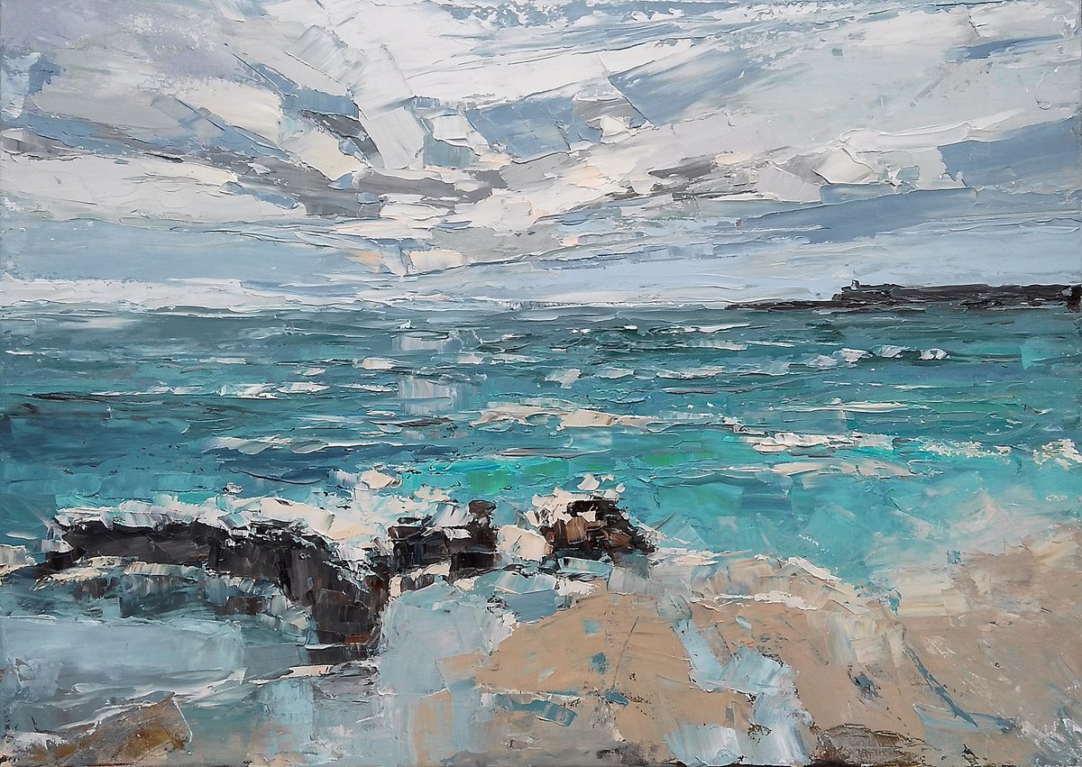 HAIR IN THE CLOUDS, 70x50cm, dynamic skies seascape by Emilia Milcheva