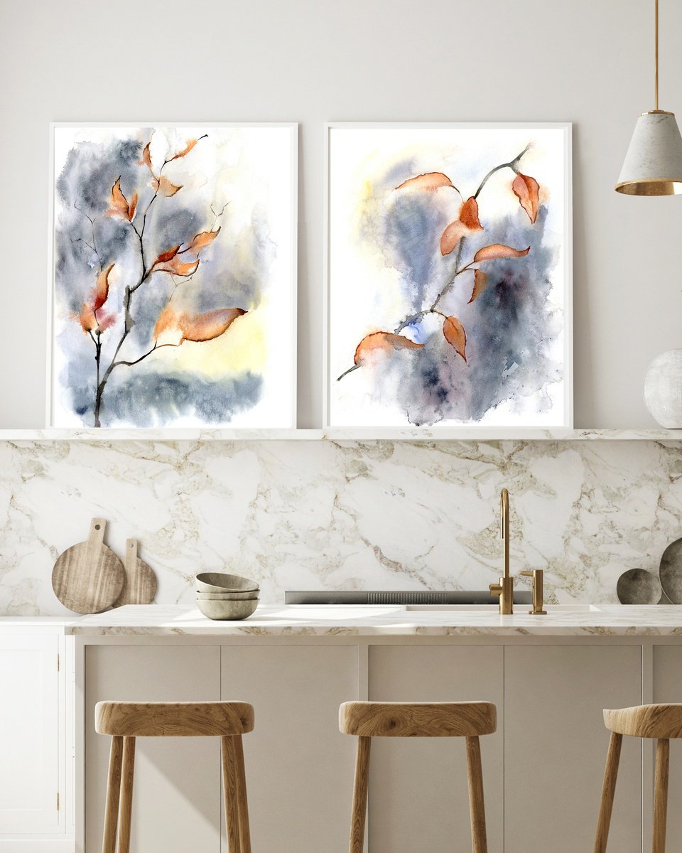 Impressionistic Botanical Watercolour By Olga Tchefranov (Shefranov), 22 X 15", Leaves Diptych, Original Artwork