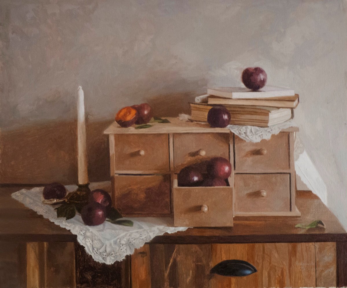 Impressionistic Still Life Oil Painting By Radosveta Zhelyazkova, 26 X 21", Plums, Candle And Books, Original Artwork