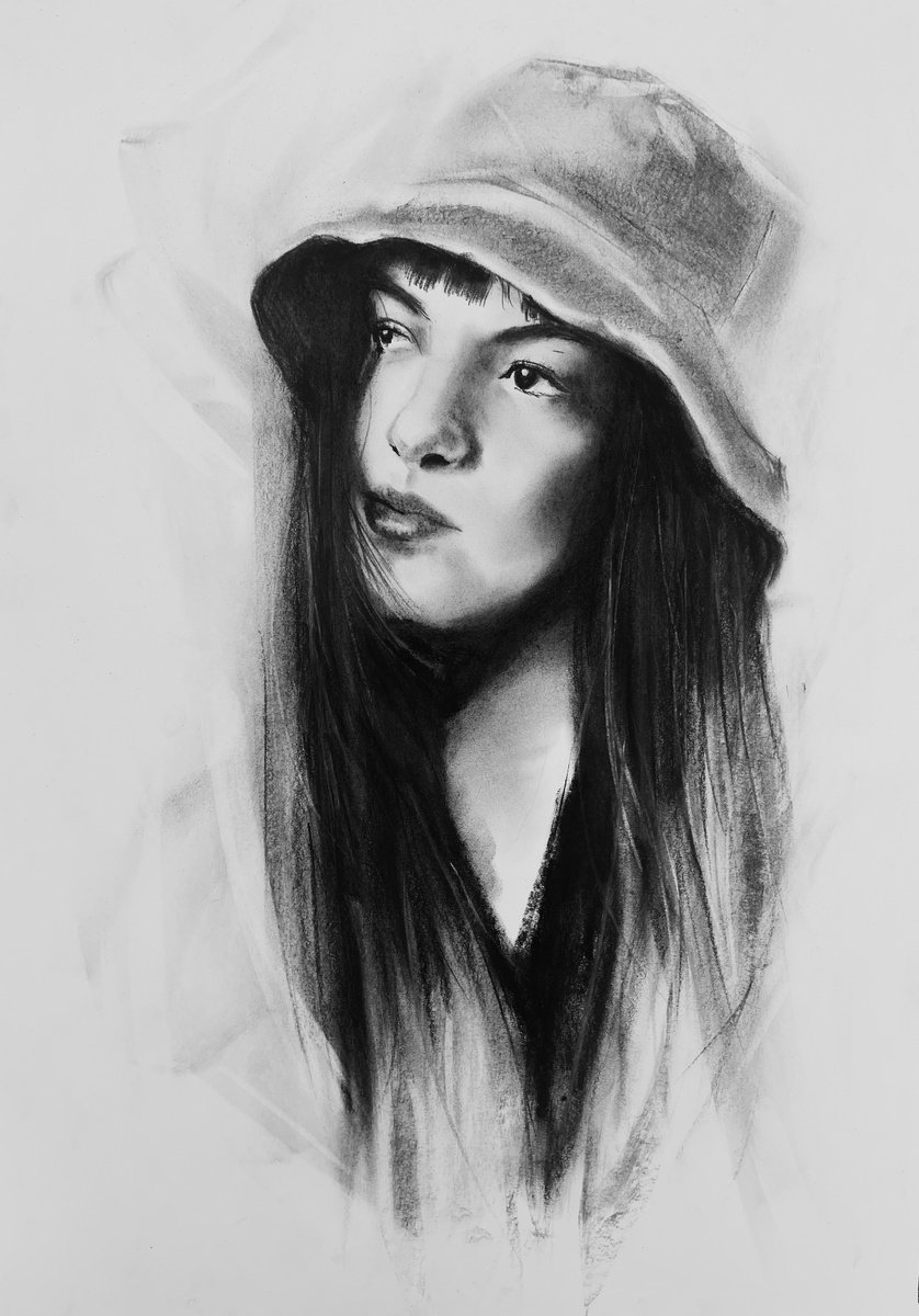 Urban And Pop Portrait Charcoal Drawing By Denny Stoekenbroek, 12 X 17, Pensive Reflection, Original Artwork