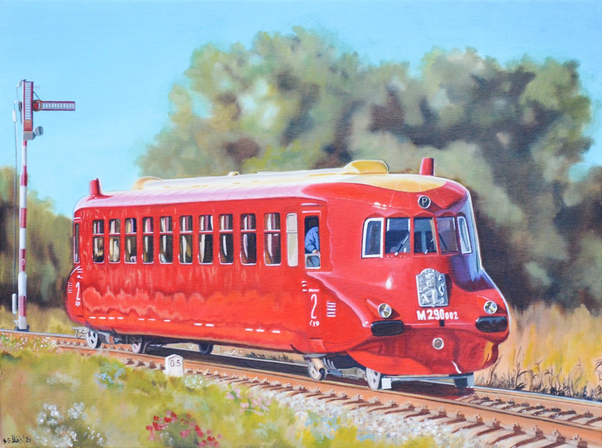 Photorealistic Transport Oil Painting By Roman Sedlak, 24 X 18", The Slovakian Arrow, Original Artwork