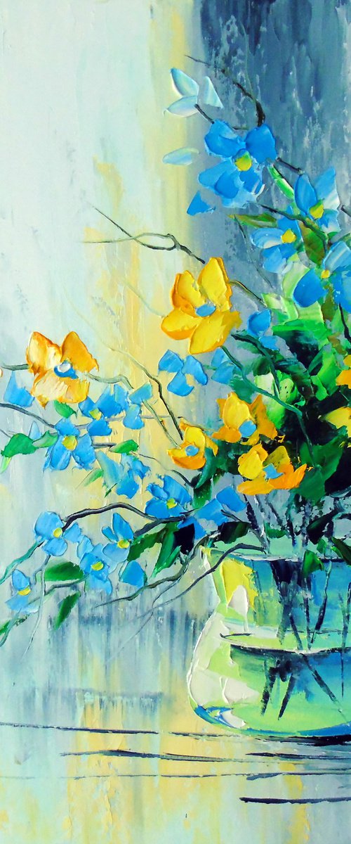 A bouquet of yellow-blue flowers in a vase by Olha Darchuk