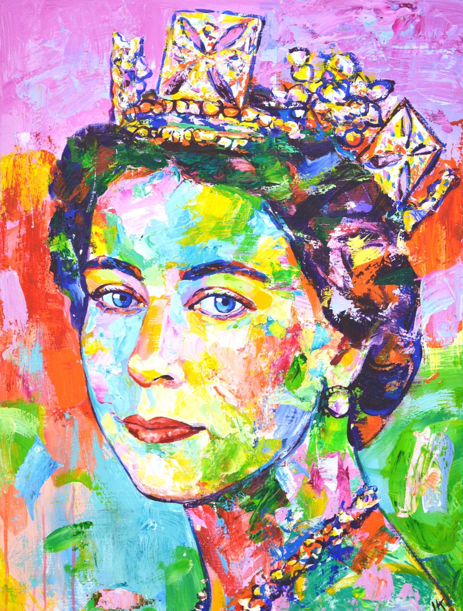Expressive Portrait Acrylic Painting By Iryna Kastsova, 24 X 31, Queen Elizabeth Ii, Original Artwork