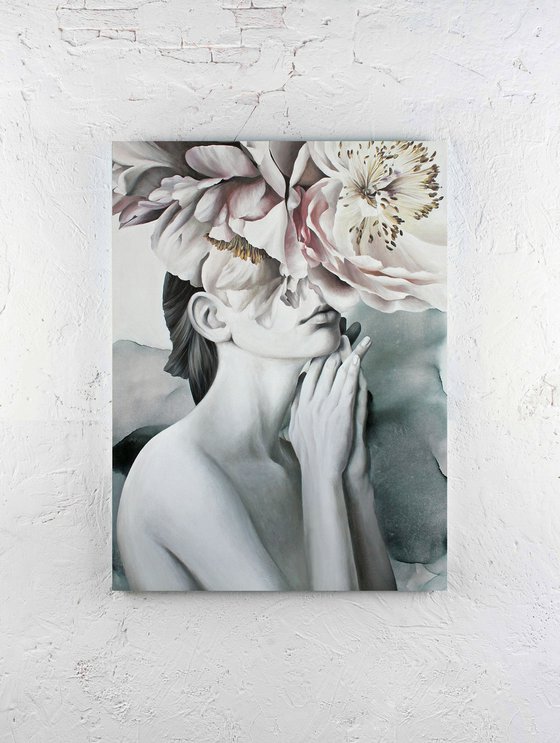"Spring mood" Girl and flowers peony art
