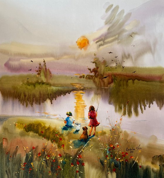 Sold Watercolor "Little fishermen", perfect gift