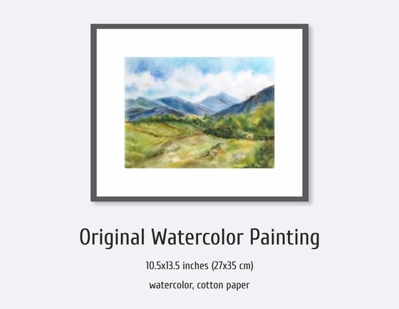 Mountain landscape. Summer landscape scenery. Watercolor landscape