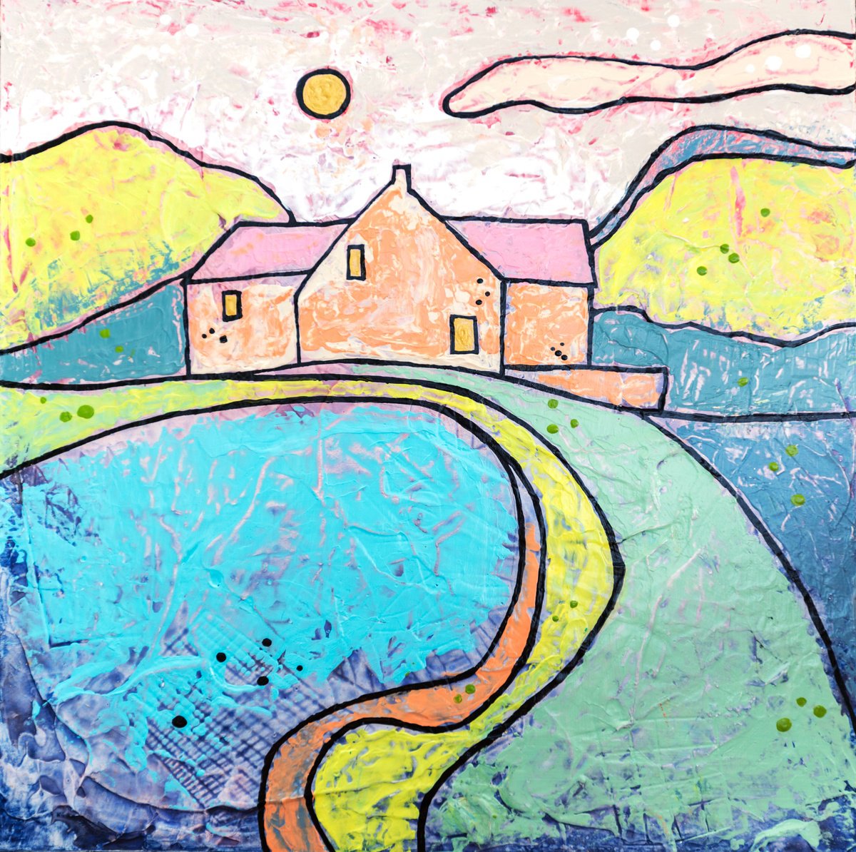 Naive Landscape Acrylic Painting By Ariadna De Raadt, 12 X 12, Structural Landscape, Original Artwork