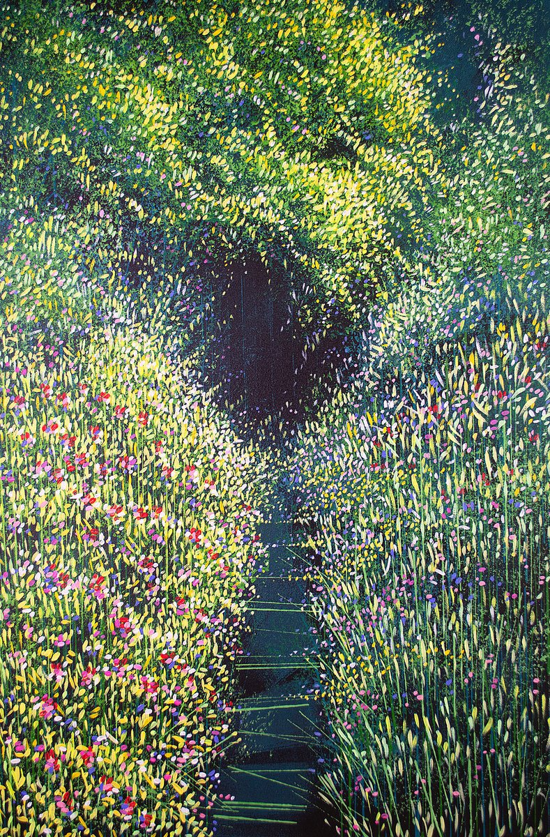 Impressionistic Landscape Acrylic Painting By Marc Todd, 20 X 30", Forest Path With Wild Flowers, Original Artwork