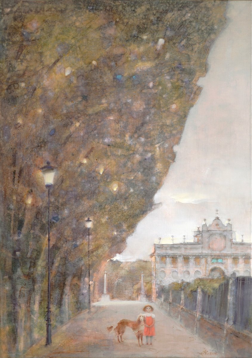 Impressionistic Cityscapes Oil Painting By Victoria Alferonok, 22 X 30", Walk In The Borghese Park, Original Artwork