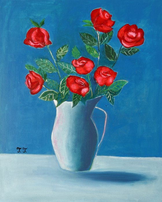 Red Roses in a Blue Vase