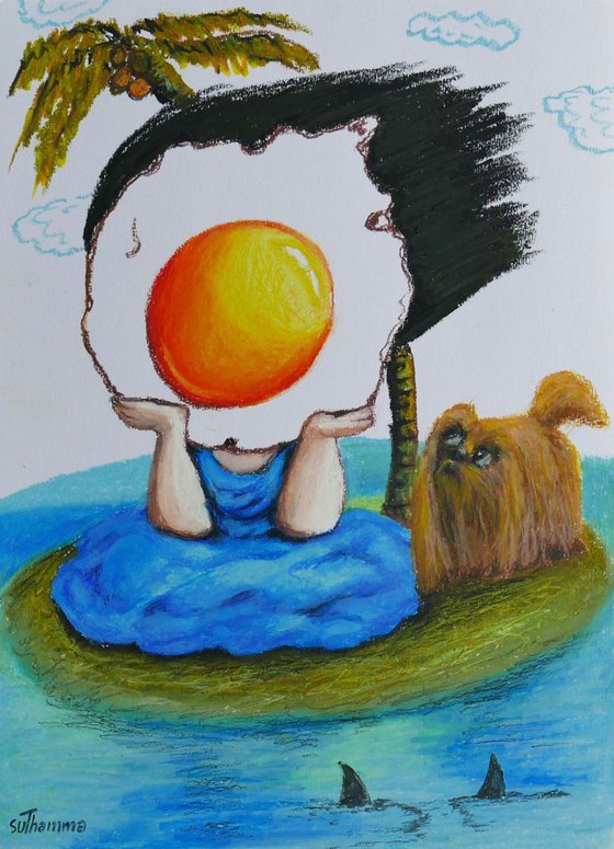 Egg girl and dog on a desert island