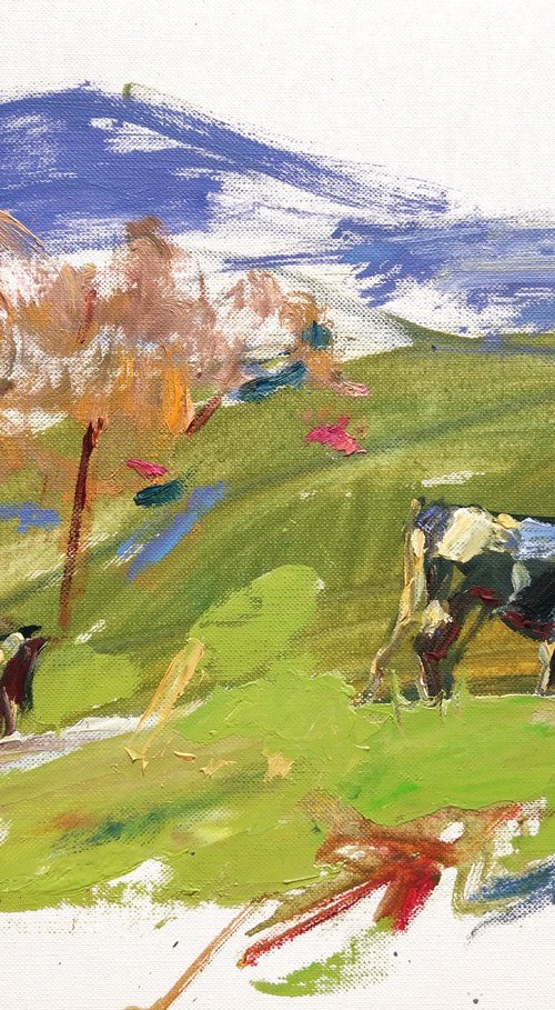 Cows and sunny meadows | A la prima etude | Moments of autumn | Original oil painting by Helen Shukina